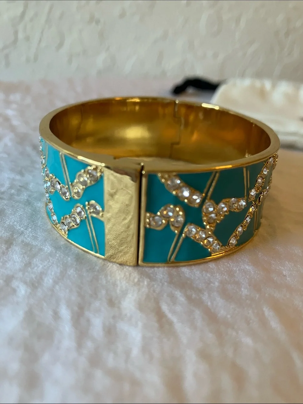 kate spade: Turquoise Enamel & Gold Tone Crystal-Accent Bangle- Hinge- Dust Bag